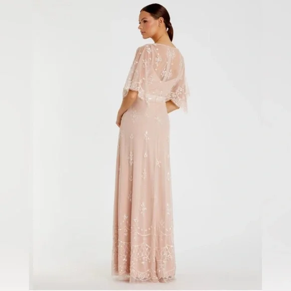 MAC DUGGAL Blush Pink V Neck Flounce Sleeve Embellished Mesh Gown Sz 18 NWT 9144 - Picture 2 of 15